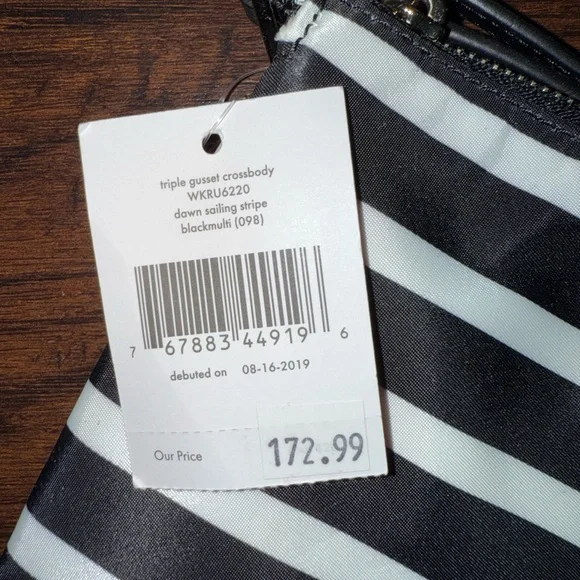 NWT Kate Spade New York Black White Dawn Sailing Stripe Triple Gusset Crossbody
